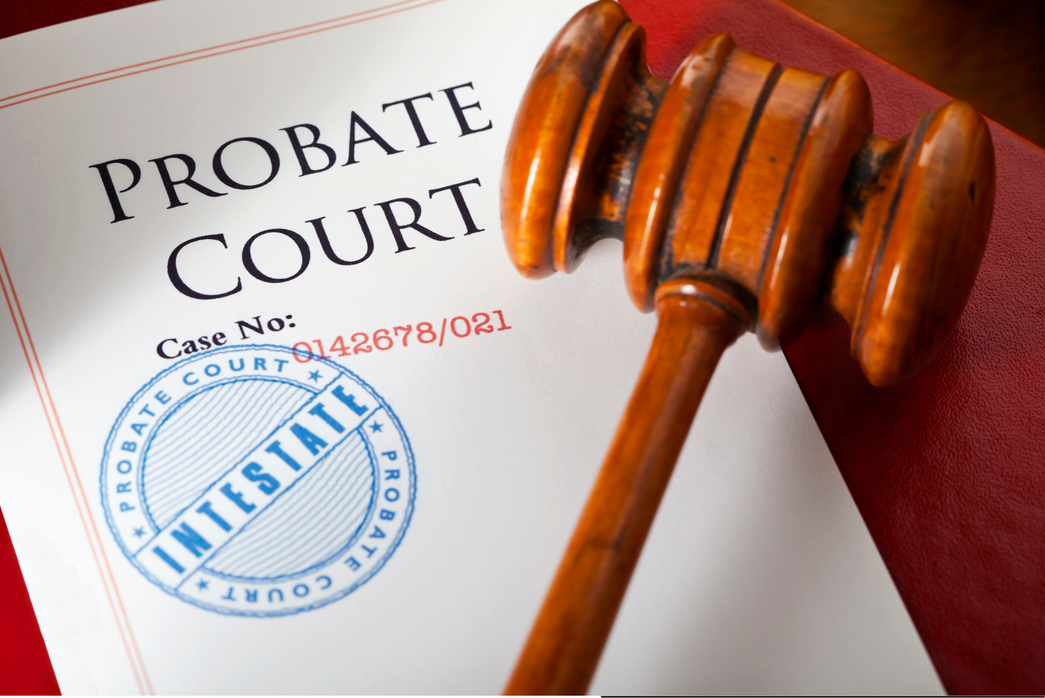 Probate court document with 'Intestate' stamp and judge's gavel.